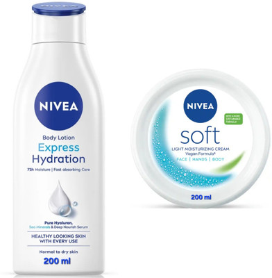 NIVEA EXPRESS HYDRATION BODY LOTION 200 ML & SOFT CREAM 200 ML(400 ml)