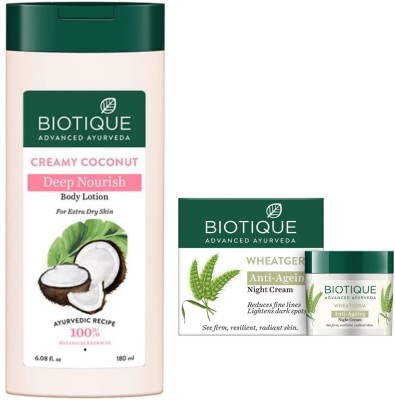 BIOTIQUE Creamy Coconut Deep Nourish Lotion 180ml & Wheatgerm Cream 50g (Pack of 2)(230 ml)