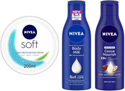 NIVEA Cocoa Nourish 75ml and Bodymilk 75ml and Soft 200ml Set of 3(350 ml)