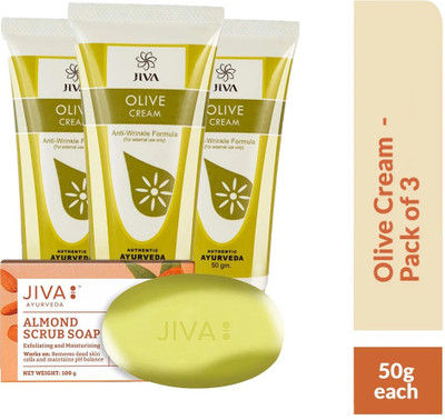 JIVA Olive Cream - Anti-Aging Formula For Your Skin - 50 g, Pack of 3 with Almond Scrub Soap Free -100 g(50 g)