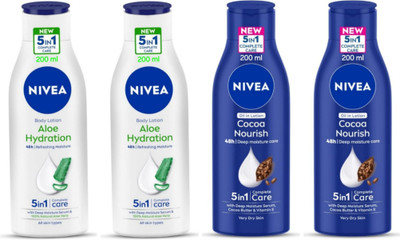 NIVEA Body Lotion 200ml - Aloe Hydration -2pcs & Cocoa Nourish -2pcs (Pack of 4)(800 ml)