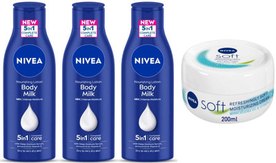 NIVEA Soft cream 200ml and Body milk 75ml lotion Set of 4(425 ml)