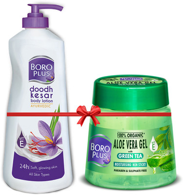 BOROPLUS Aloe Vera Gel Green Tea 200ml Jar + Doodh Kesar Body Lotion 400ml (600 ml)