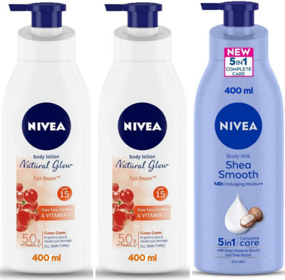 NIVEA Lotion 400ml - Natural Glow Cell Repair -2pcs & Shea Smooth (Pack of 3)(1200 ml)