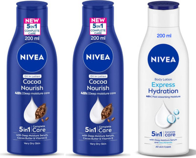 NIVEA Body Lotion 200ml - Cocoa Nourish -2pcs & Express Hydration (Pack of 3)(600 ml)