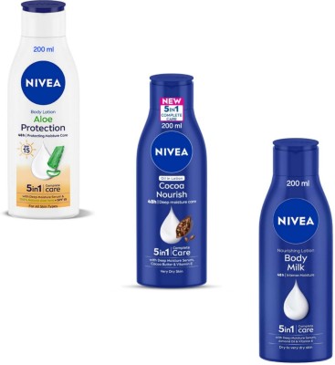 NIVEA Lotion 200ml- N.G. Aloe Protection & Cocoa Nourish & Body Milk (Pack of 3)(600 ml)