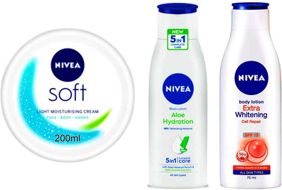 NIVEA Aloe hydration 75ml Cell repair75ml and Soft 200ml Set of 3(350 ml)