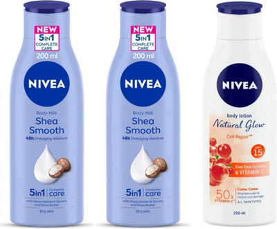 NIVEA Body Lotion 200ml - Shea Smooth -2pcs & N.G. Cell Repair SPF 15 (Pack of 3)(600 ml)