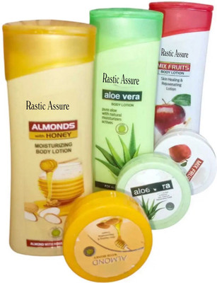 Rastic Assure Combo of Almond,Aloevera and Mix Fruit Body Lotion and Cream Pack of 6(345 ml)