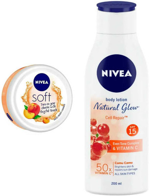 NIVEA Natural Glow Cell Repair 200ml lotion and Playful Peach 50ml cream 2pc set(300 ml)