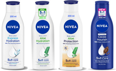 NIVEA Lotion 200ml - Express Hydration, Aloe Hydration, Aloe P., Cocoa N. (Pack of 4)(800 ml)