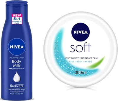 NIVEA Soft cream 300ml and Bodymilk 75ml lotion Set of 2(375 ml)
