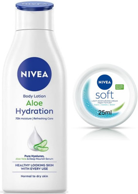 NIVEA Aloe Hydration Lotion 200ml & Soft Light Moisturizer Cream 25ml (Pack of 2)(250 ml)