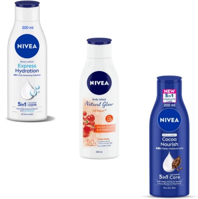 NIVEA Lotion 200ml- Express Hydration & N.G. Cell Repair & Cocoa Nourish (Pack of 3)(600 ml)