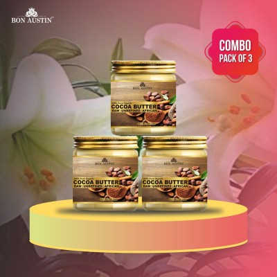 Bon Austin Organic Cocoa Butter - RAW, UNREFINED & AFRICAN- For Moisturization of Body and Skin Combo Pack 3 Jars of 100 gms(300 gms)(300 ml)