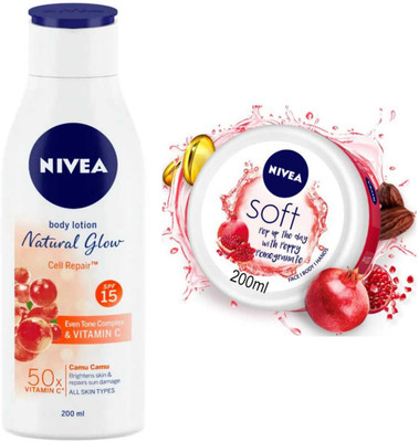 NIVEA Natural Glow Cell Repair 200ml lotion and Pomegranate cream set of 2pc(400 ml)