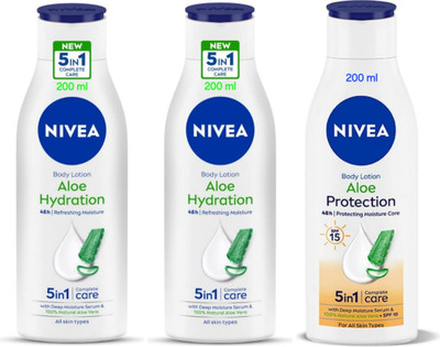 NIVEA Body Lotion 200ml - Aloe Hydration -2pcs & Aloe Protection SPF 15 (Pack of 3)(600 ml)