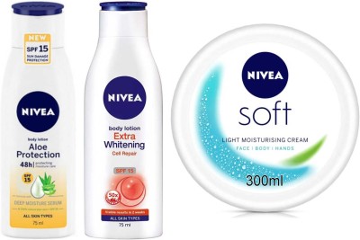 NIVEA Aloe Spf15 75ml Cell Repair 75ml Soft 300ml Set of 3(450 ml)