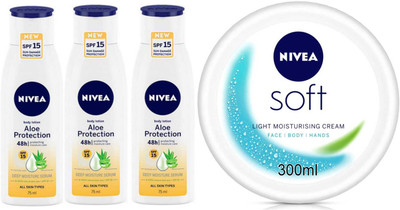 NIVEA 3pc Aloe Spf15 75ml and Soft 300ml Set of 3(525 ml)