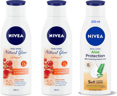 NIVEA Body Lotion 200ml - N.G. Cell Repair SPF 15 -2pcs & Aloe Protection (Pack of 3)(600 ml)