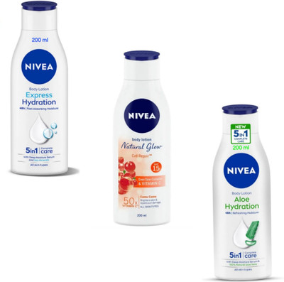 NIVEA Lotion 200ml - Express Hydration & N.G. Cell Repair & Aloe Hydration (Pack of 3)(600 ml)