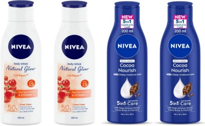 NIVEA Body Lotion 200ml - N.G. Cell Repair -2pcs & Cocoa Nourish -2pcs (Pack of 4)(800 ml)