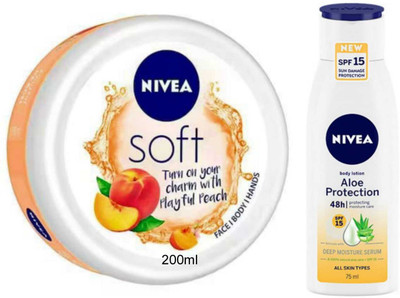 NIVEA Peach 200ml cream and Aloe Protection 75ml with SPF15 lotion Set of 2(275 ml)