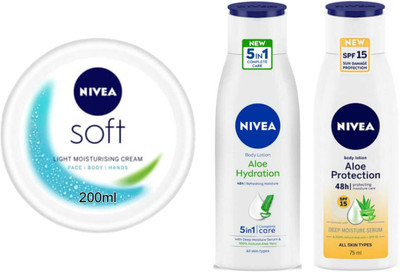 NIVEA Aloe hydration 75ml Aloe protection spf15 75ml and Soft 200ml Set of 3(350 ml)