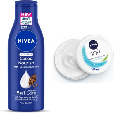NIVEA Cocoa Nourish Body Lotion - 200ml & Soft Light Moisturizing Cream - 100ml(300 ml)