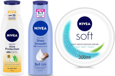 NIVEA Aloe Spf15 75ml Smooth milk 75ml Soft 300ml Set of 3(450 ml)