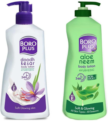 BOROPLUS Aloe Neem Ayurvedic Body Lotion With Doodh Kesar Body Lotion (400ML+400ML)=(800 ml)
