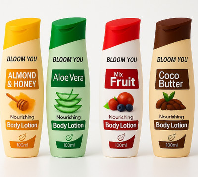 BLOOM YOU Body Lotion Combo – Aloe Vera, Almond & Honey, Mix Fruit, Cocoa Butter(400 ml)