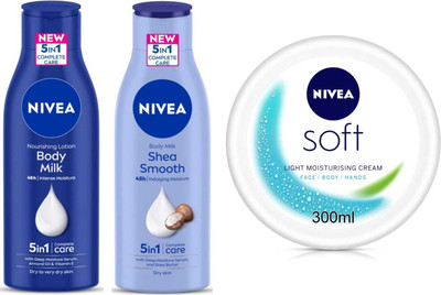 NIVEA Soft cream and Shea Smooth and Body milk 75ml lotion Set of 3(450 ml)