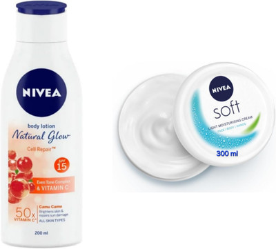 NIVEA Natural Glow Cell Repair Body Lotion - 200ml & Soft Light Moist. Cream - 300ml(500 ml)