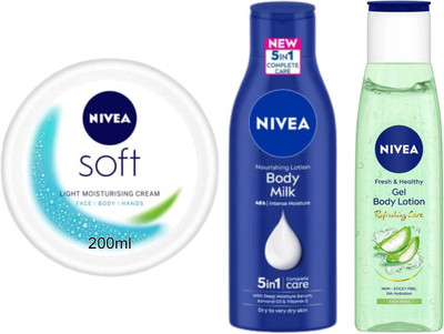 NIVEA Aloe Gel 75ml and Bodymilk 75ml and Soft 200ml Set of 3(350 ml)