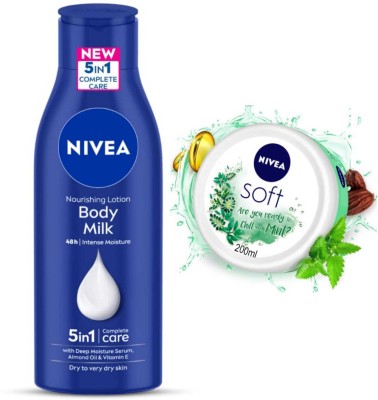 NIVEA Body Milk 200ml lotion and Chilled Mint 200lml cream set of 2pc(400 ml)