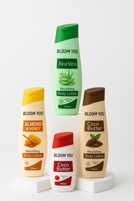 BLOOM YOU Natural Care Body Lotion Collection – Almond, Aloe, Fruit, Cocoa(400 ml)