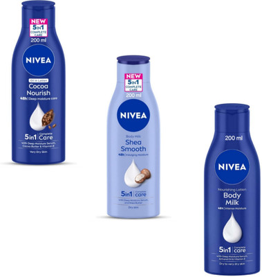 NIVEA Lotion 200ml- Cocoa Nourish & Shea Smooth & Body Milk (Pack of 3)(600 ml)