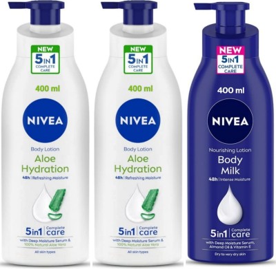 NIVEA Lotion 400ml - Aloe Hydration - 2pcs & Body Milk (Pack of 3)(1200 ml)