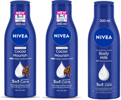 NIVEA Body Lotion 200ml - Cocoa Nourish -2pcs & Body Milk Nourishing (Pack of 3)(600 ml)