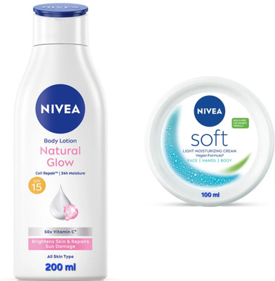 NIVEA NATURAL GLOW BODY LOTION 200 ML & SOFT CREAM 100 ML(300 ml)