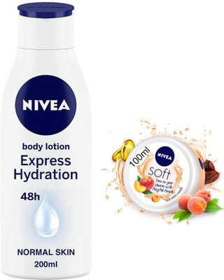 NIVEA Express Hydration 200ml lotion Soft Peach 100ml Cream(300 ml)