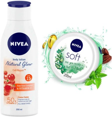 NIVEA Natural Glow Cell Repair 200ml lotion and Chilled Mint cream set of 2pc(400 ml)