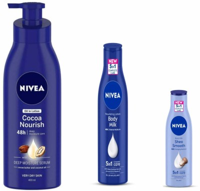 NIVEA Cocoa Lotion 400 Ml Body Milk 200 ml , Shea Smooth Lotion 75 Ml(675 ml)