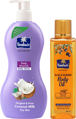 Parachute Advansed Body Lotion Deep Nourish And Olive & Almond Body Oil For Nourished Glowing Skin (600 Ml) For Rs. 260 @ 50 %