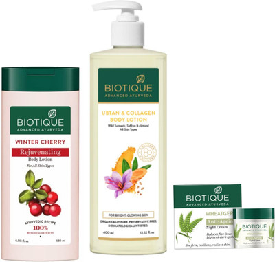 BIOTIQUE Winter Cherry Lotion 180 ML , Wheatgerm Cream 50g & Ubtan Lotion 400 ML(630 ml)