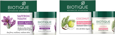 BIOTIQUE Saffron Youth Anti Ageing Cream 50g & Coconut Brightening Cream 50g(100 g)