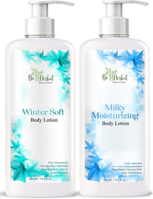 BE HERBAL Winter Soft + Milky Moisturizing Body Lotion Combo Pure & Natural Easily Absorbed Leaves Skin Feeling Nourished with Goodness of Shea Butter, Coconut milk & Aloe Vera Extract, Vitamin E & Papaya Extract (Pack of - 2)(840 ml) BE HERBAL Winter Soft + Milky Moisturizing Body Lotion Combo Pure & Natural Easily Absorbed Leaves Skin Feeling Nourished with Goodness of Shea Butter, Coconut milk & Aloe Vera Extract, Vitamin E & Papaya Extract (Pack of - 2)(840 ml)