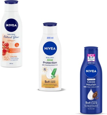 NIVEA Lotion 200ml- N.G. Cell Repair & Aloe Protection & Cocoa Nourish (Pack of 3)(600 ml)