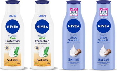 NIVEA Body Lotion 200ml - Aloe Protection -2pcs & Shea Smooth -2pcs (Pack of 4)(800 ml)